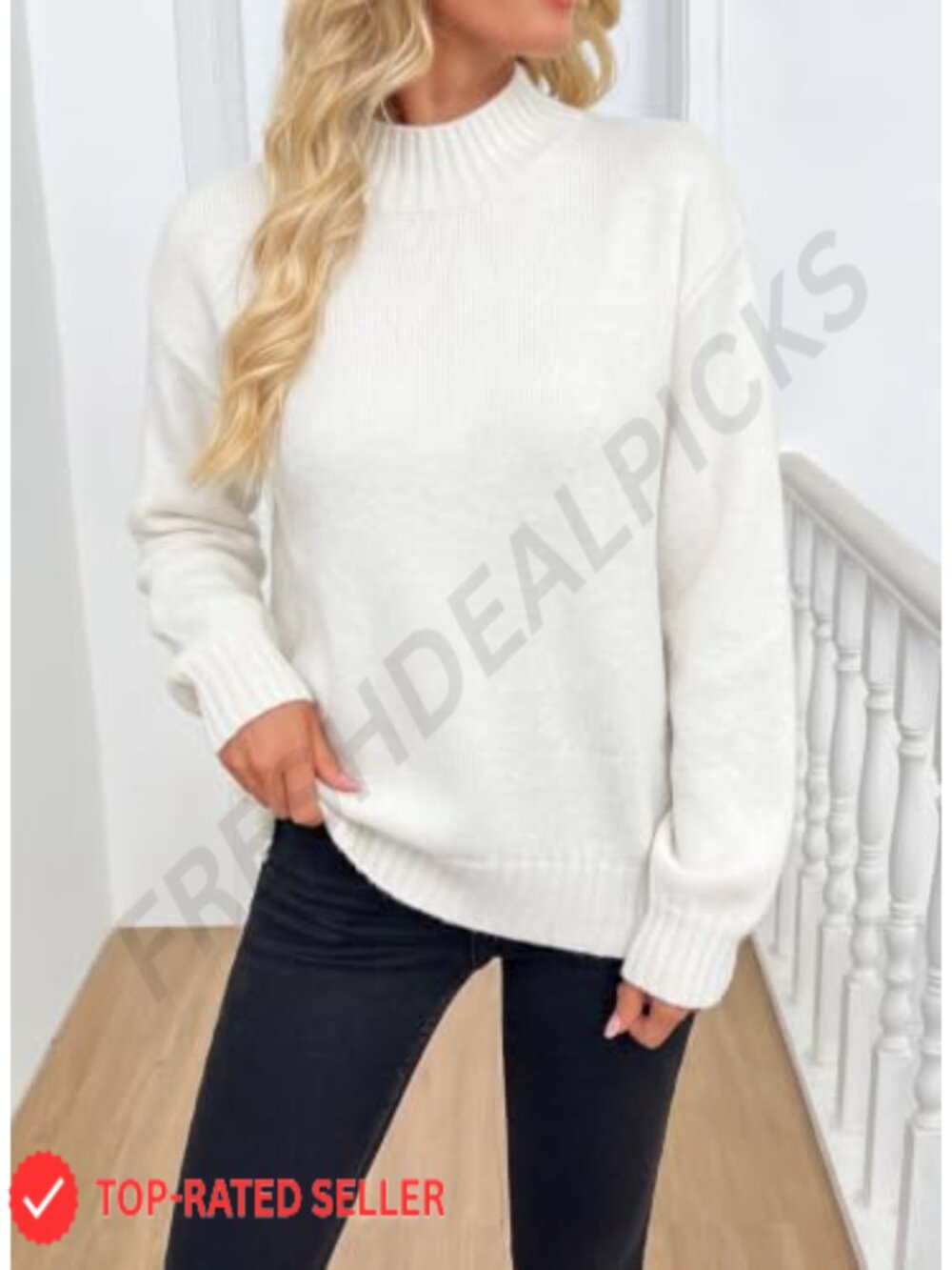 Womens Mock Neck Knit Sweater Long Sleeve Pullover Loose Fit - Picture 3 of 6